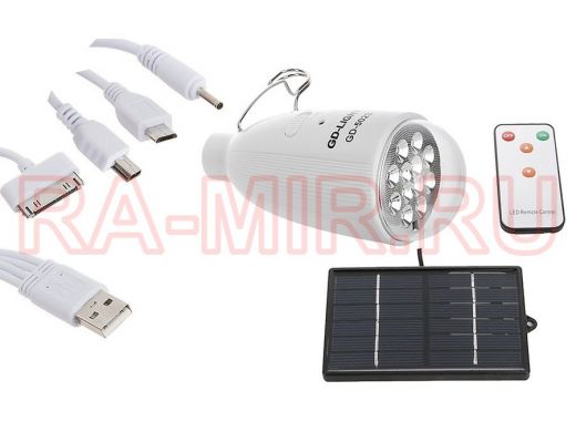 Солнечная минисистема GD-5023 (солн.панель,светильник, ПДУ,шнур USB, АКБ1200мА/ч, свечение до 6 ч)