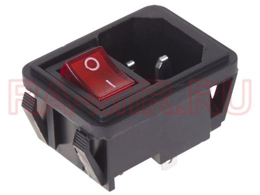 Выключатель клавишный 250V 10А (4с) ON-OFF красный с подсветкой и штекером C14 3PIN  REXANT