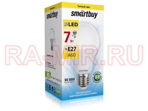 Светодиодная лампа A60 Е27  7W 3000K  Smartbuy-A60-07W/3000/E27