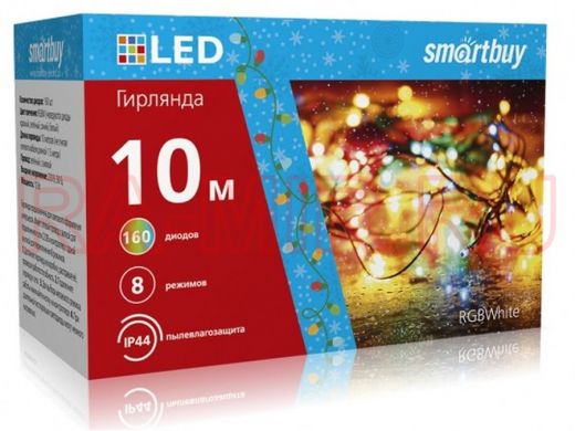 LED Гирлянда Smartbuy с контроллером, RGB, 10м, 160 диодов, IP44, зеленый провод (SB-RGBIP44-10mGR)
