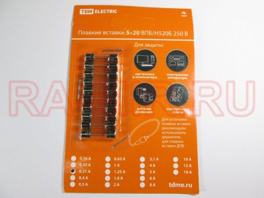 Плавкая вставка ВПТ6-3 0,315А 250В TDM упаковка (10шт.) SQ0738-0103