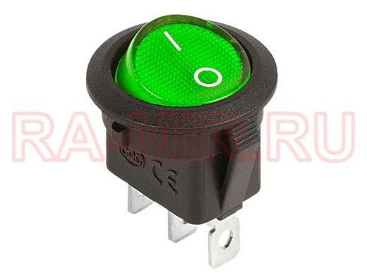 Выключатель клавишный круглый 12V 20А (3с) ON-OFF зеленый  с подсветкой  REXANT