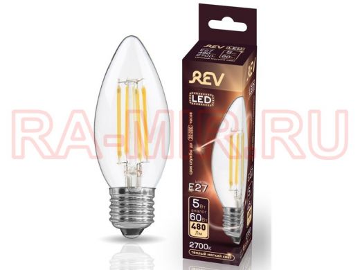 Светодиодная лампа  REV FILAMENT свеча C37 E27 5W, 2700K, DECO Premium теплый свет