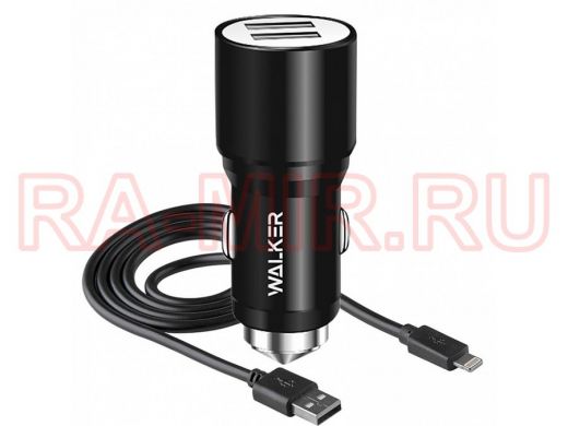 Зарядное устройство с USB  Walker, (2.1А), WCR-21, на 2USB, съёмный кабель, Lightning,  чёрное