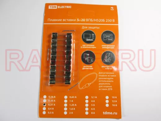 Плавкая вставка ВПТ6-3 0,315А 250В TDM упаковка (10шт.) SQ0738-0103