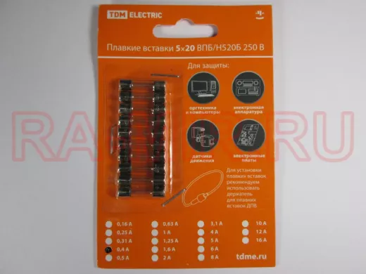 Плавкая вставка ВПТ6-4 0,4А 250В TDM упаковка (10шт.) SQ0738-0104