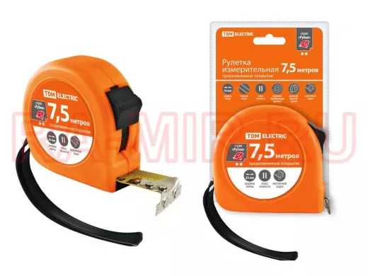 Рулетка TDM 7,5 м, стальная лента, ширина 25 мм, прорезиненное покрытие, магнит, "Рубин" SQ1018-0107