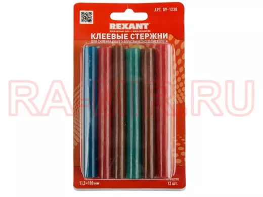Клеевые стержни, диаметр 11,0мм, длина 100мм,  цветной  (12шт на карте)  REXANT цена за 1 упаковку