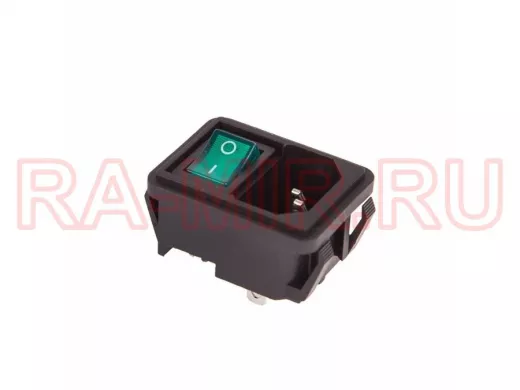 Выключатель клавишный 250V 10А (4с) ON-OFF зеленый с подсветкой и штекером C14 3PIN  REXANT