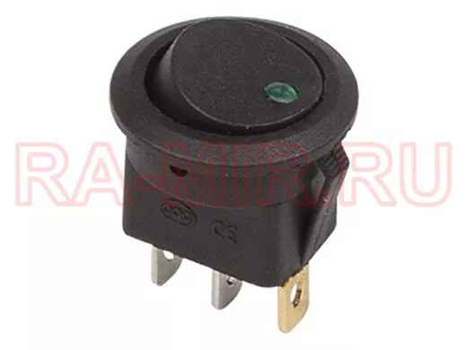Выключатель клавишный круглый 12V 16А (3с) ON-OFF черный  с зеленой подсветкой  REXANT