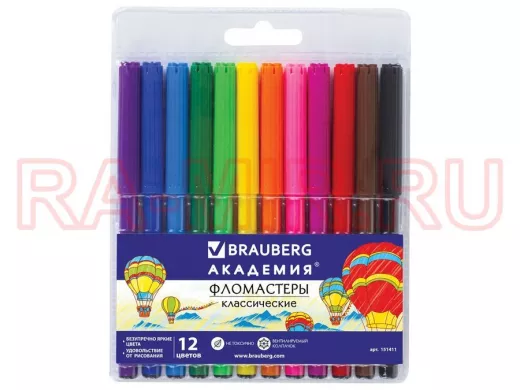 Фломастеры "BR-75446" "АКАДЕМИЯ" 12 цветов, вентилируемый колпачок, ПВХ упаковка