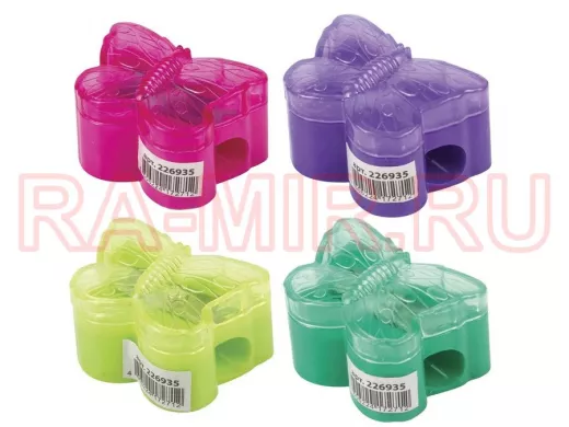 Точилка "BR-75724" с контейнером, пластиковая, БАБОЧКА, цвет корпуса ассорти