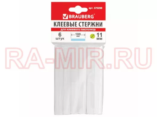 Клеевые стержни, диаметр 11,0мм, длина 100мм, белые, КОМПЛЕКТ 6 штук "BR-79848", европодвес