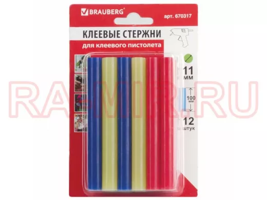 Клеевые стержни, диаметр 11,0мм, длина 100мм, цветные (ассорти), КОМПЛЕКТ 12 штук "BR-79851",блистер