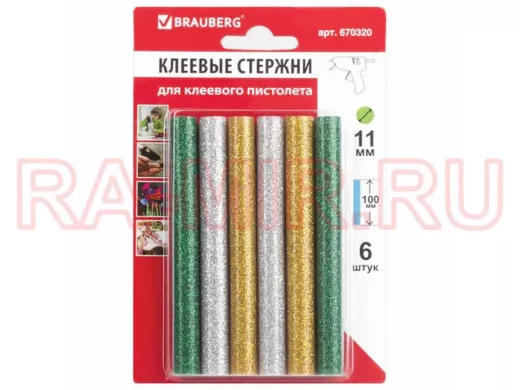 Клеевые стержни, диаметр 11,0мм, длина 100мм, цветные (ассорти),С БЛЕСТКАМИ,КОМПЛЕКТ 6 шт."BR-79854"