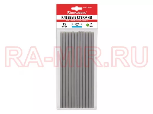 Клеевые стержни, диаметр  7,0мм, длина 200мм, серебристые,КОМПЛЕКТ 12 шт "BR-79875",европодвес